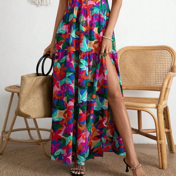 Multicolor Boho Womens Allover Floral Print Split Thigh Cami Dress - Picture 3 of 5